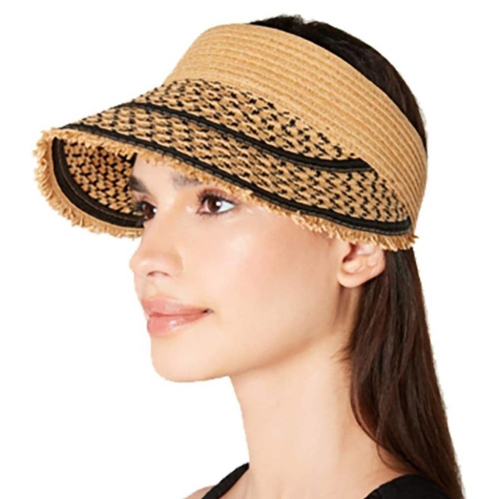 INC Printed Tweed Stripe Frayed Edge Visor Black Natural Straw OS
